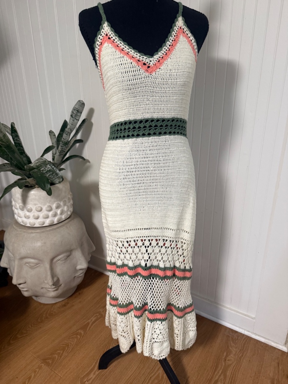 Roller Rabbit Crochet Cotton Maxi Dress Ivory Sage Coral Chevron